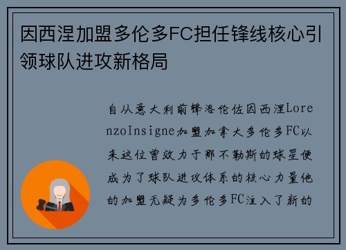 因西涅加盟多伦多FC担任锋线核心引领球队进攻新格局 因西涅加盟多伦多FC担任锋线核心引领球队进攻新格局